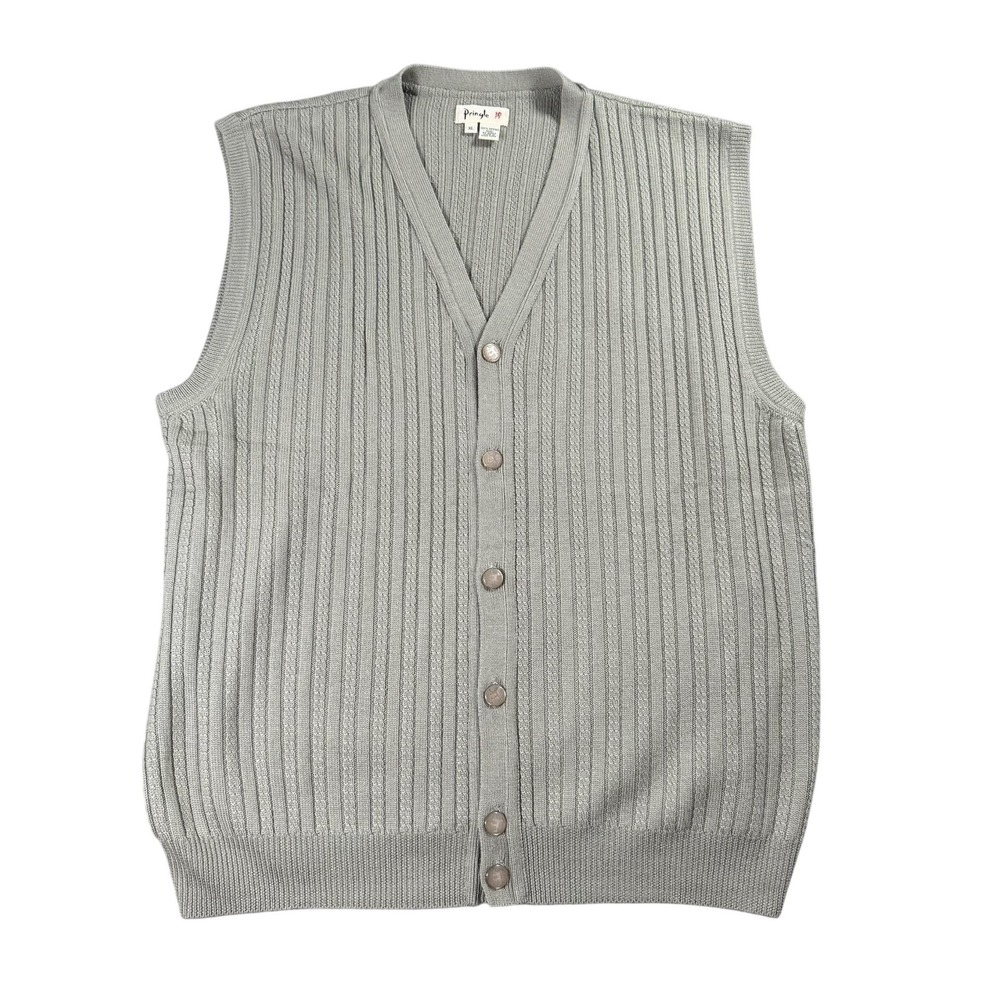 Vintage Pringle Sweater Vest Mens XL Green Merino Wool Ribbed Button Front